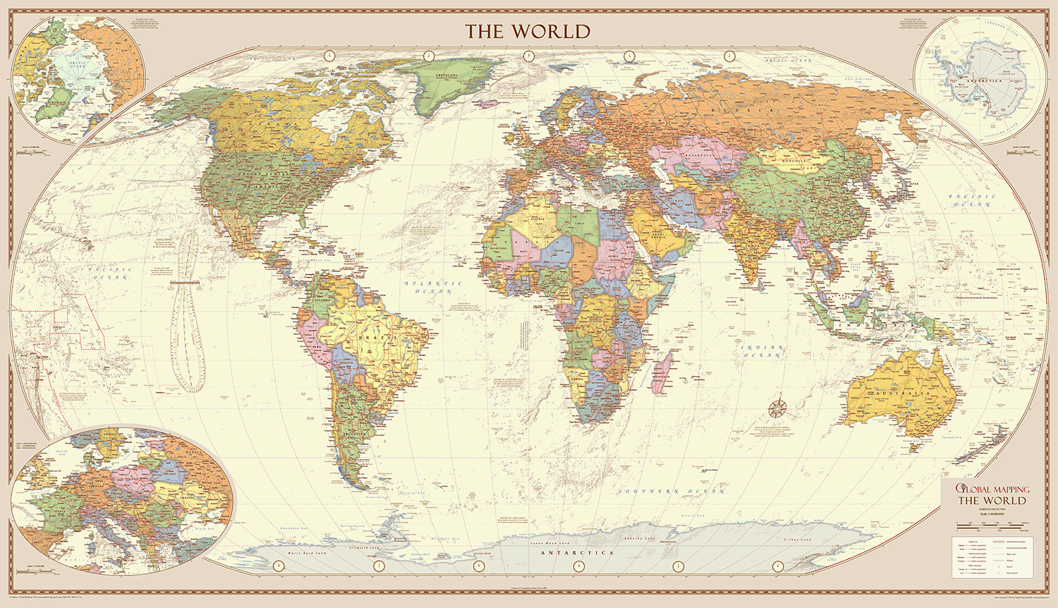 Antique World Political Wall Map - Large Size: 1:30m Scale