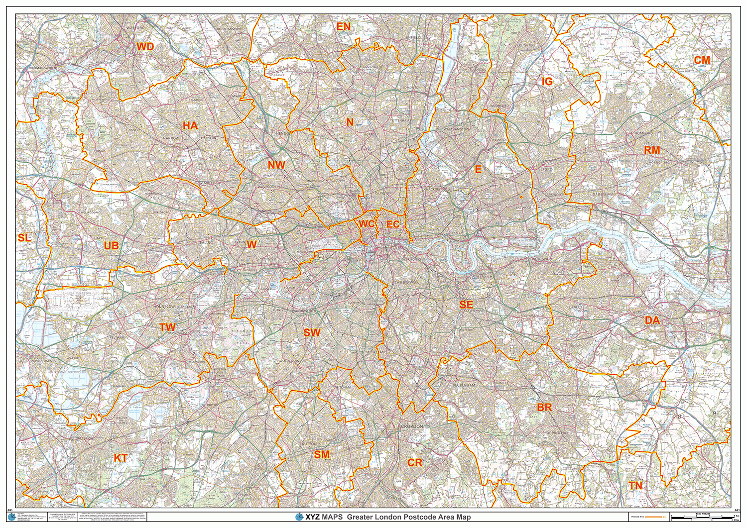 Greater London Postcode Areas Wall Map