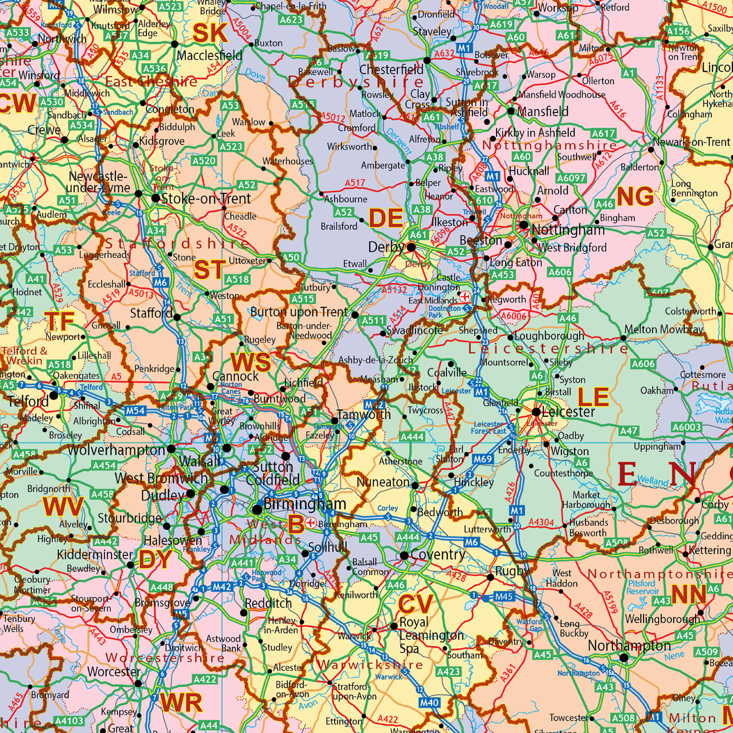 UK Postcode Areas with Counties, UK Postcodes and County Map - (AR2)