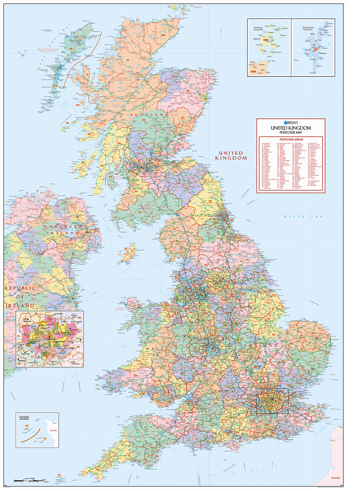 UK Political Postcode Areas - Large Wall Map – XYZ Maps