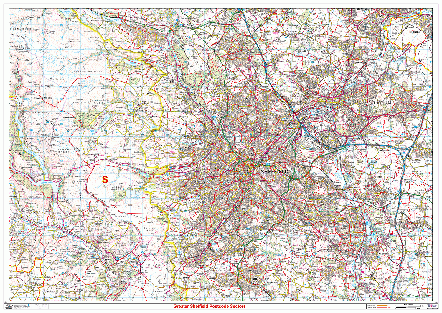 Greater Sheffield Postcode Sectors Wall Map- (C8)