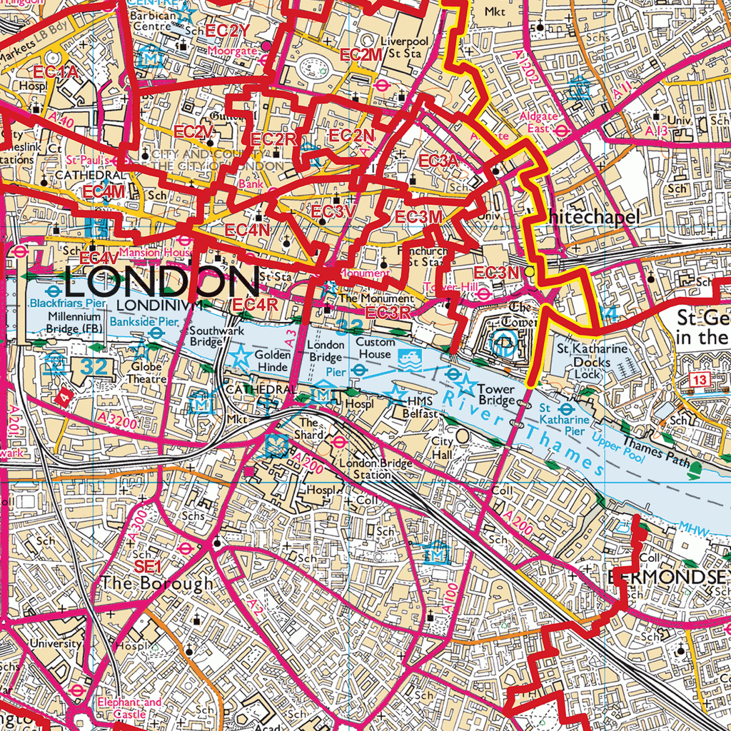 London City Centre Postcode Districts Wall Map - (D12)