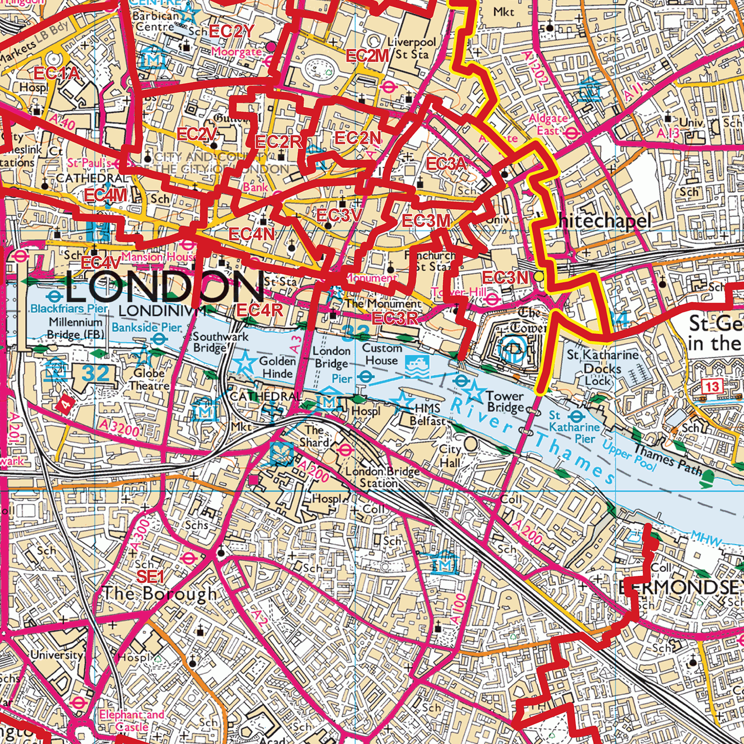 London City Centre Postcode Districts Wall Map - (D12)