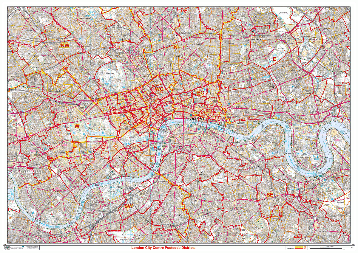 London City Code Map London City Centre Postcode Districts Wall Map (D12) – XYZ Maps