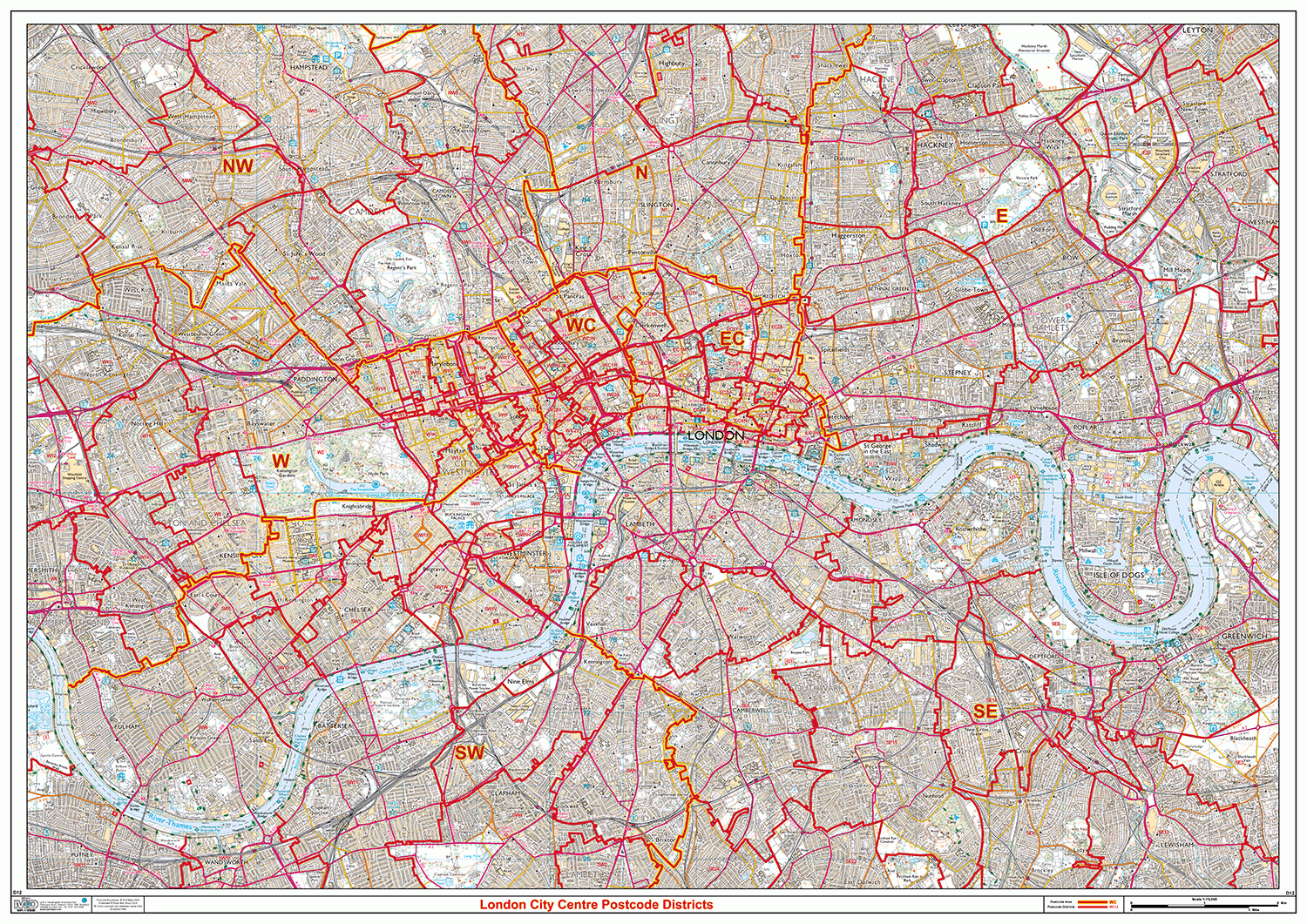 London City Centre Postcode Districts Wall Map - (D12)