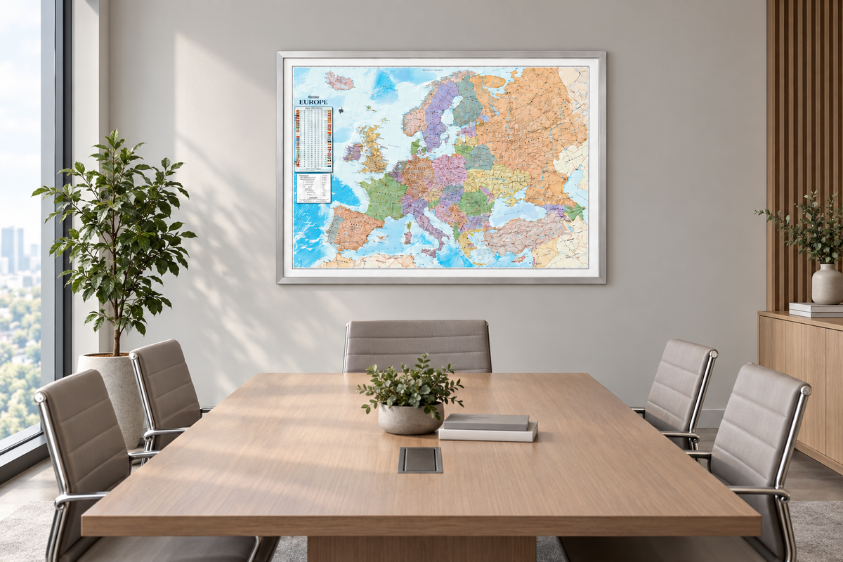 Europe wall map in a boardroom setting