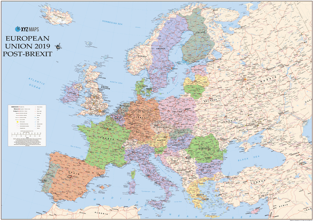 European Union - Post-Brexit (UK Out) Wall Map