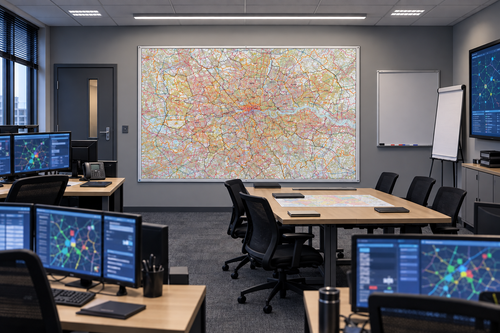 Greater London map at approximate 168 × 119 cm in an operations room