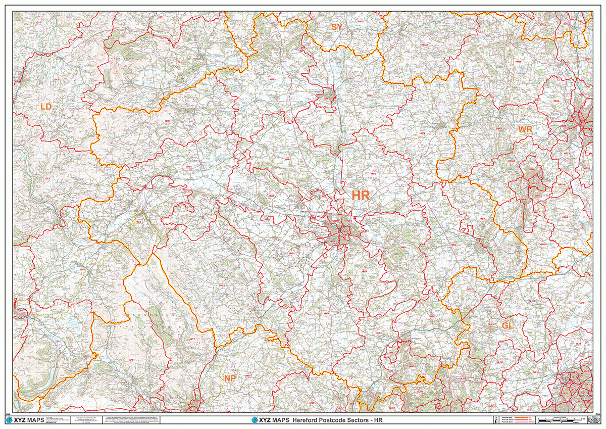 Handford Postcode Map Hereford - HR - Postcode Wall Map – XYZ Maps