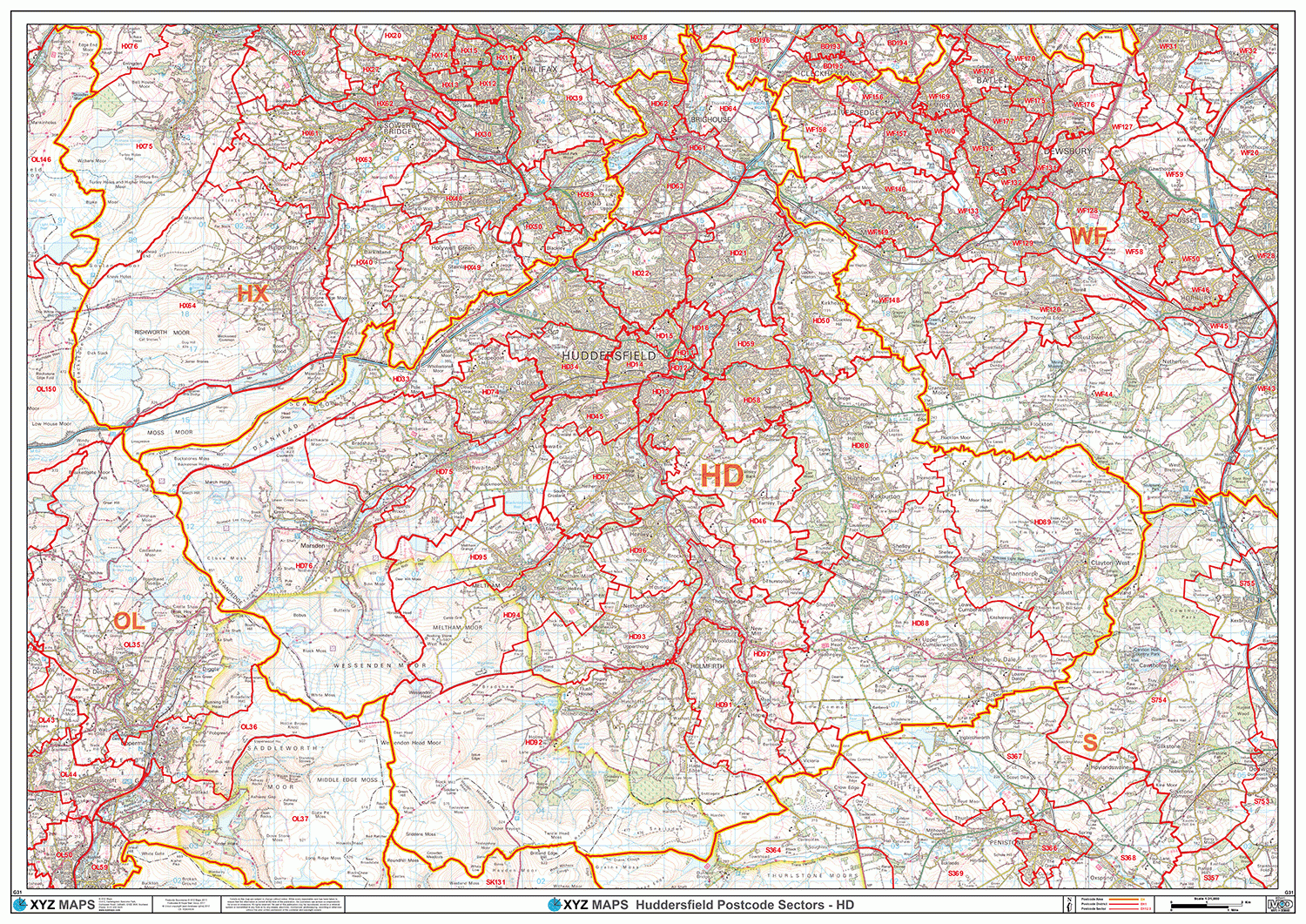 Huddersfield - HD - Postcode Wall Map