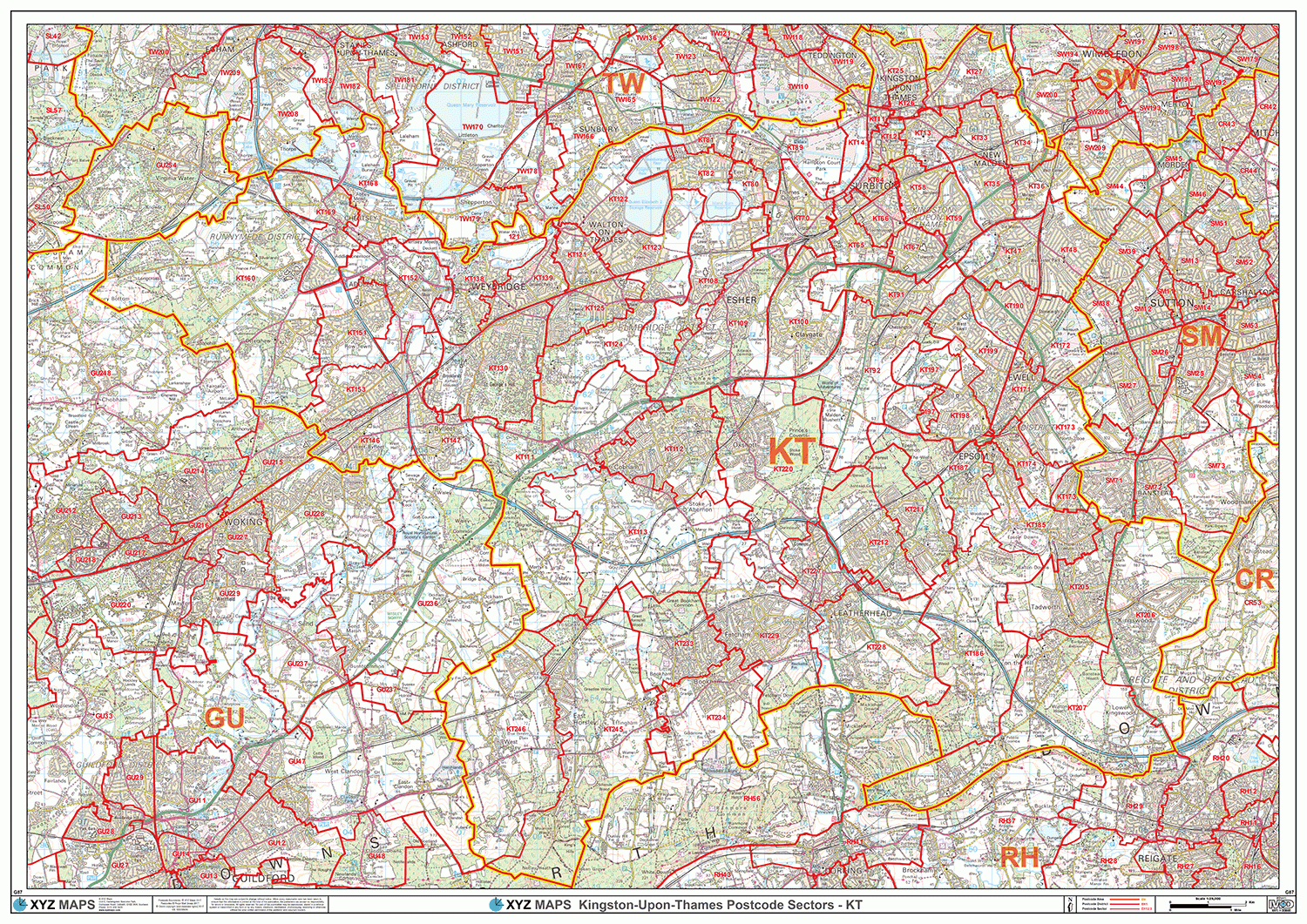 Kingston-Upon-Thames - KT- Postcode Wall Map