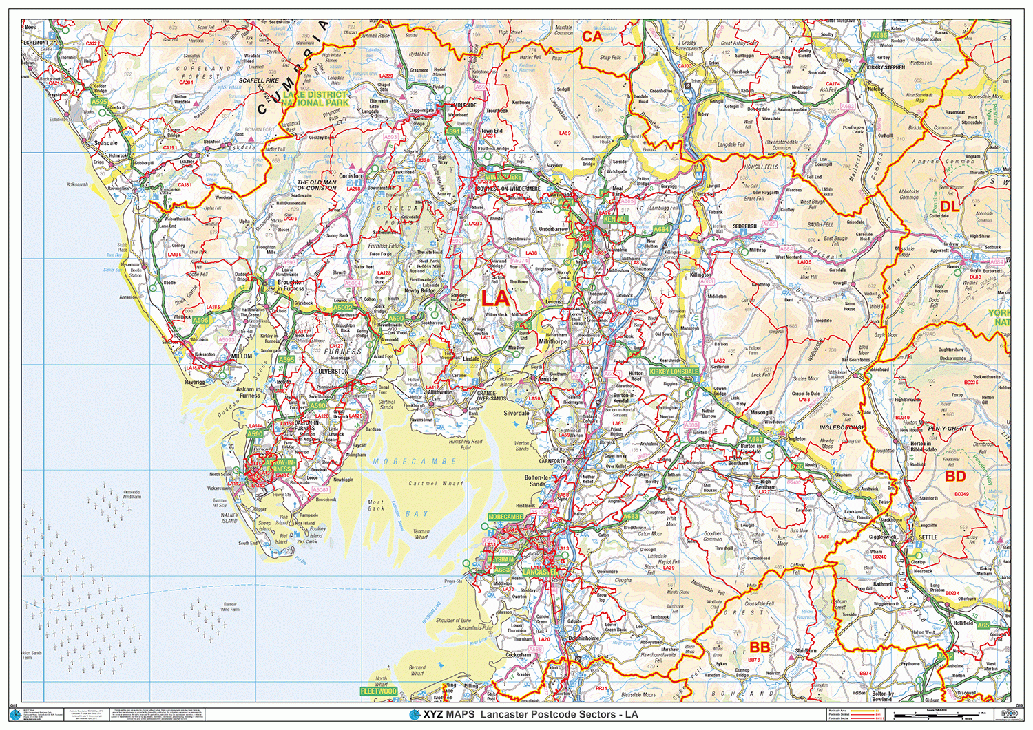 Lancaster  - LA - Postcode Wall Map