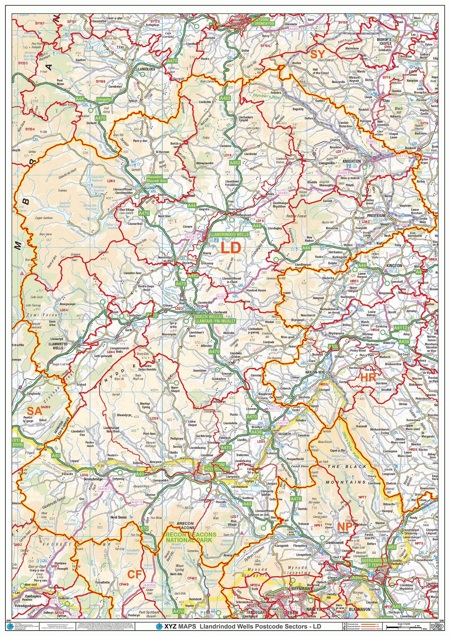 Llandrindod Wells - LD - Postcode Wall Map