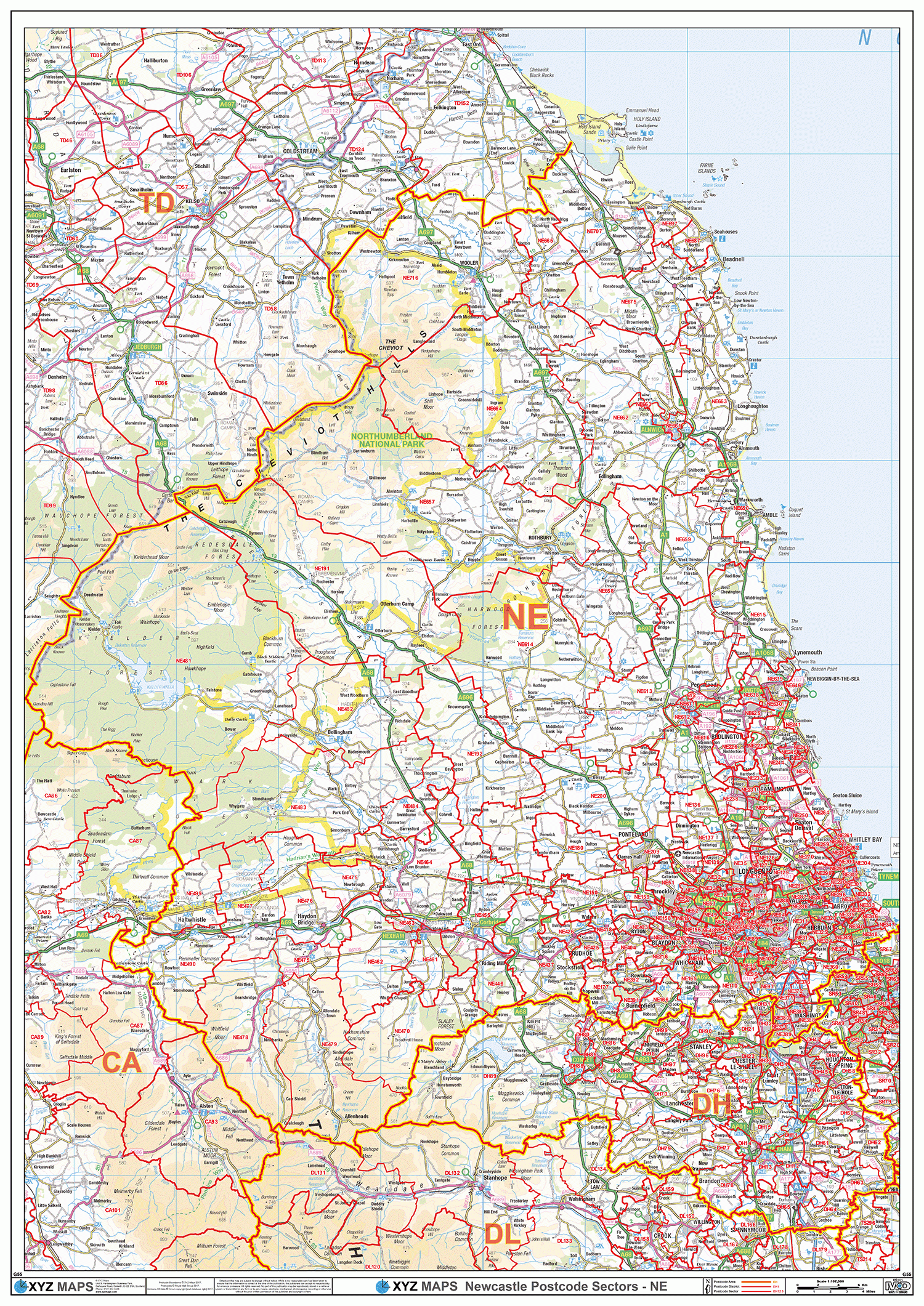 Newcastle - NE - Postcode Wall Map