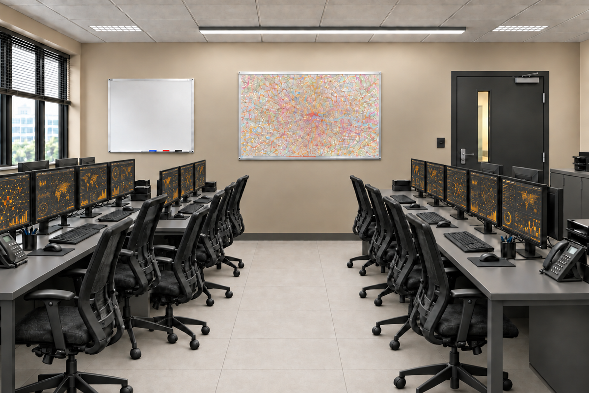Operations room with amber monitor displays