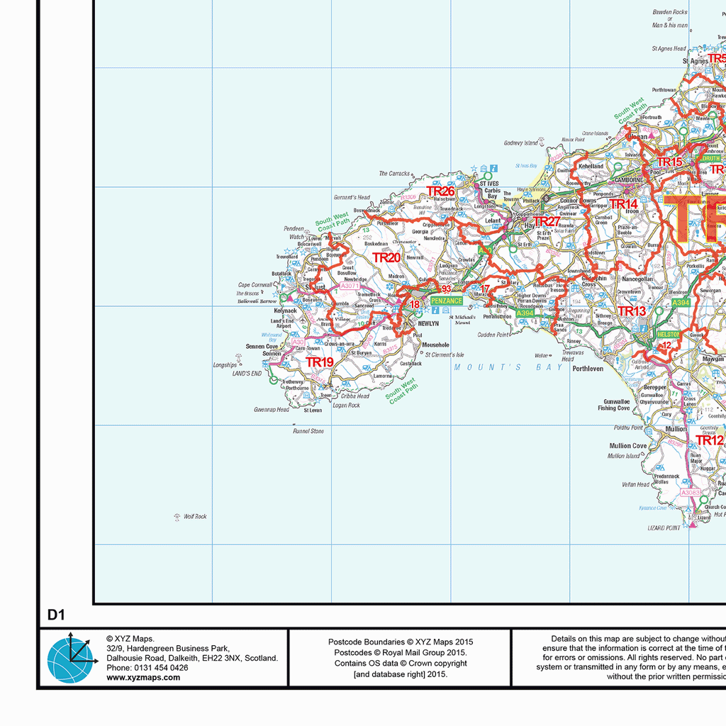 South West England - Postcode District Wall Map - Editable GeoPDF