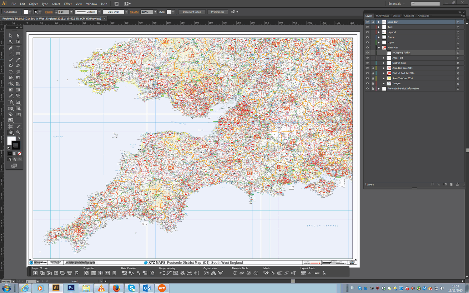 South West England - Postcode District Wall Map - Editable GeoPDF