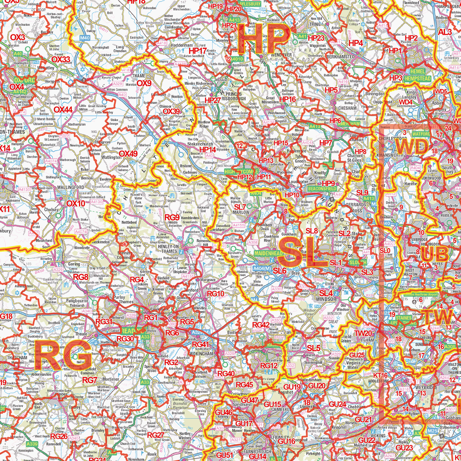 South East England Postcode District Wall Map - (D2)