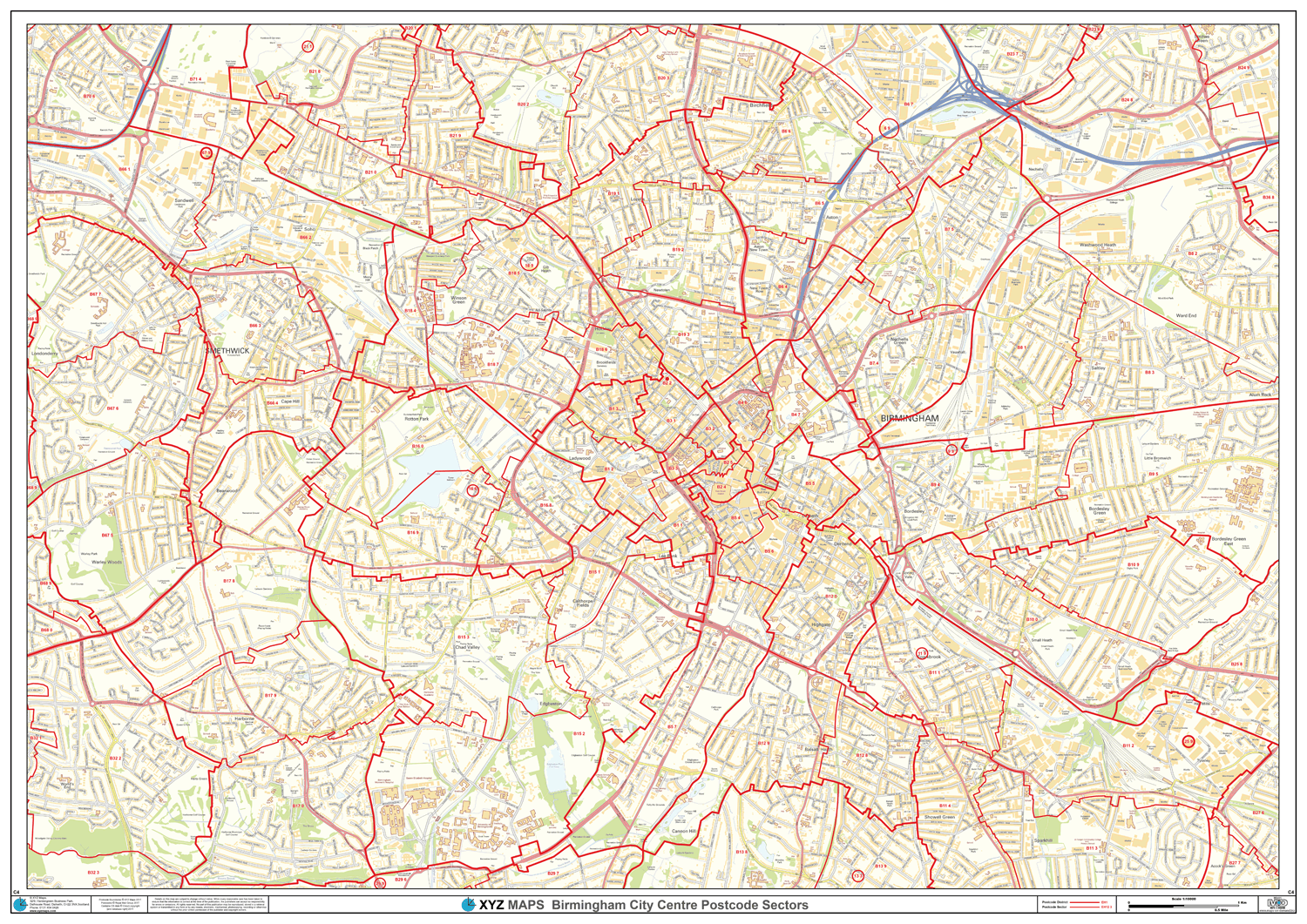 B77 Postcode Area Birmingham City Centre Postcode Sector Map (C4) - GIF Image – XYZ Maps