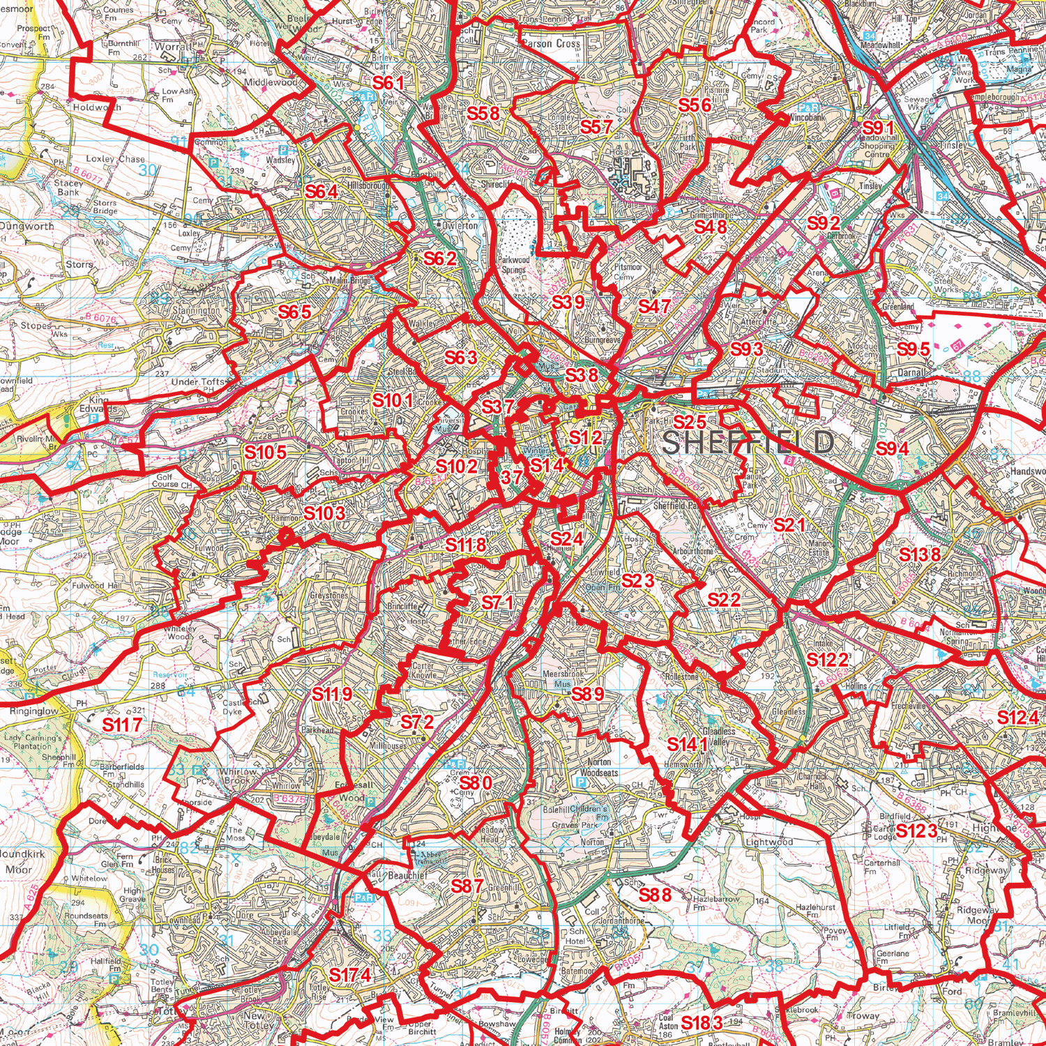 Iv18 Postcode Map Sheffield - S - Postcodes Locked PDF (G7) – XYZ Maps