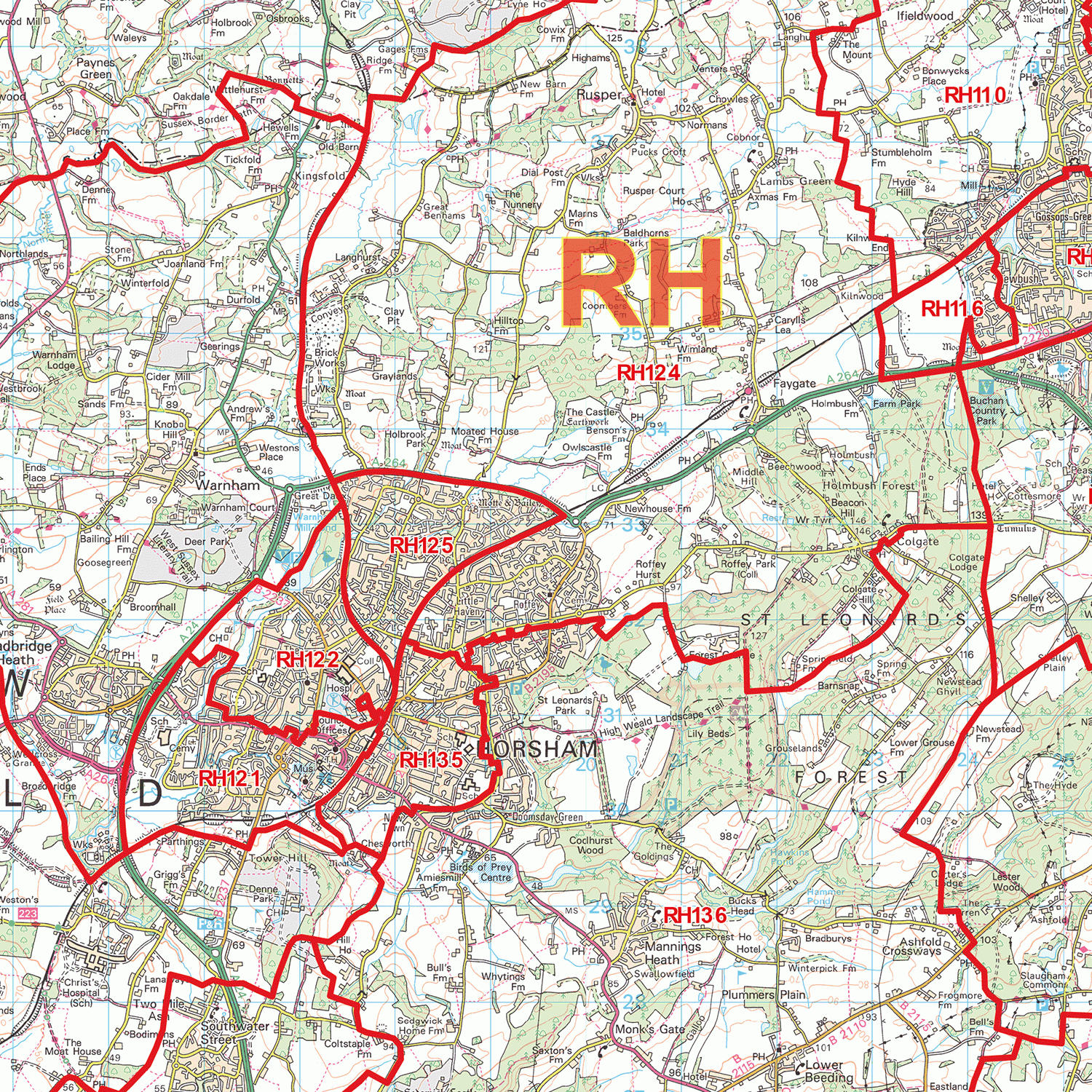 Redhill - RH  - Postcode Wall Map