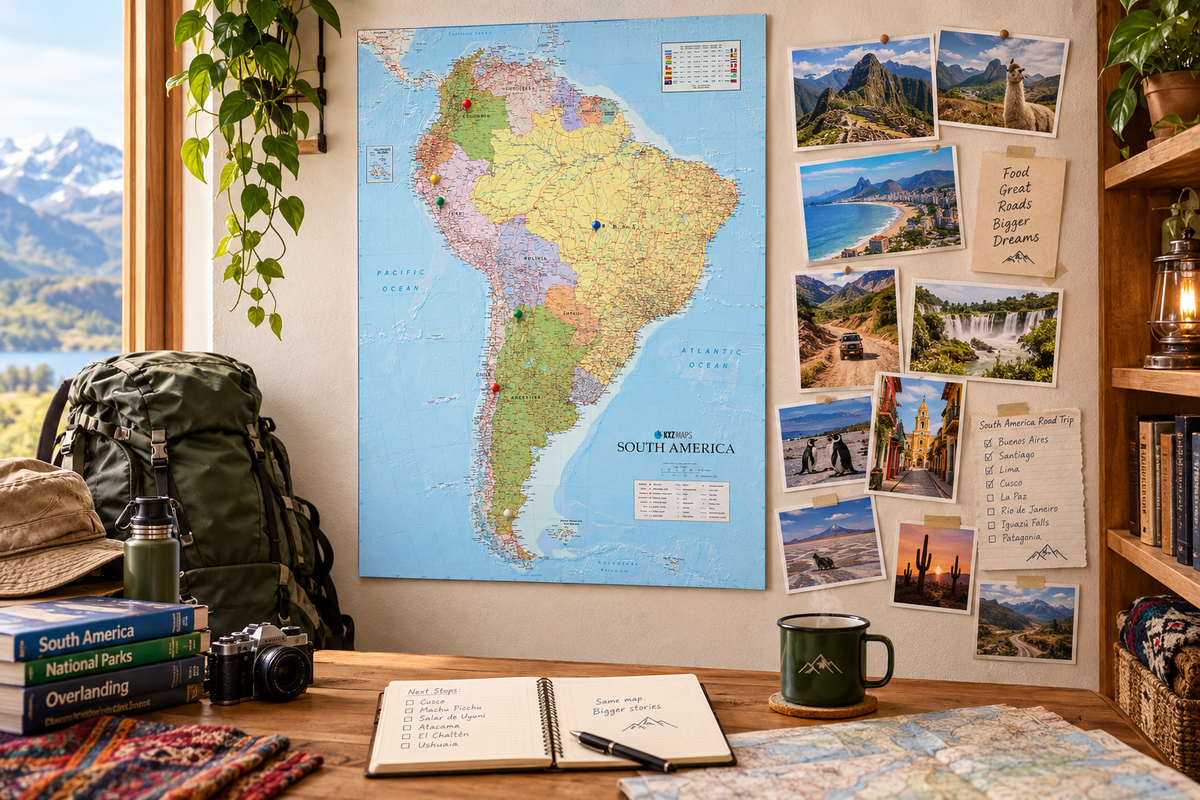 South America push-pin travel map and photo collage