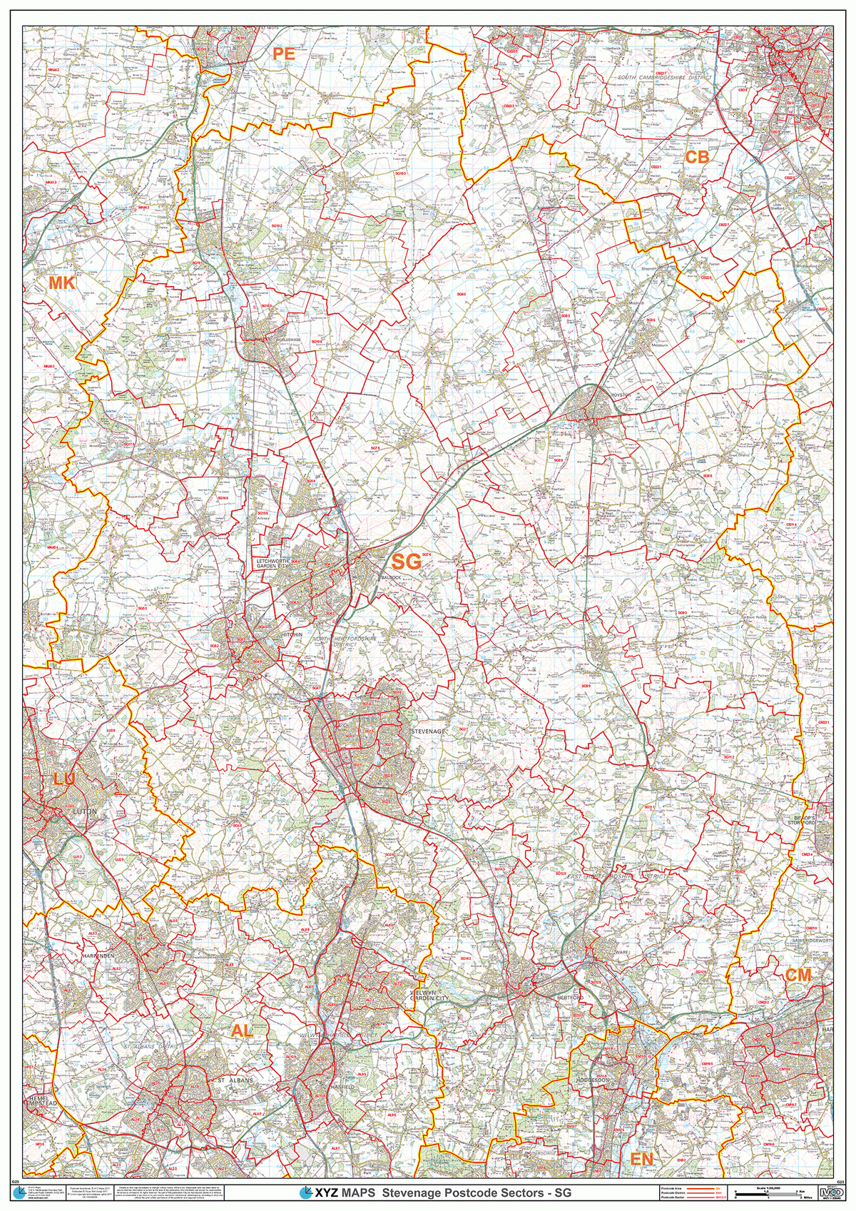 Stevenage - SG - Postcode Wall Map – XYZ Maps