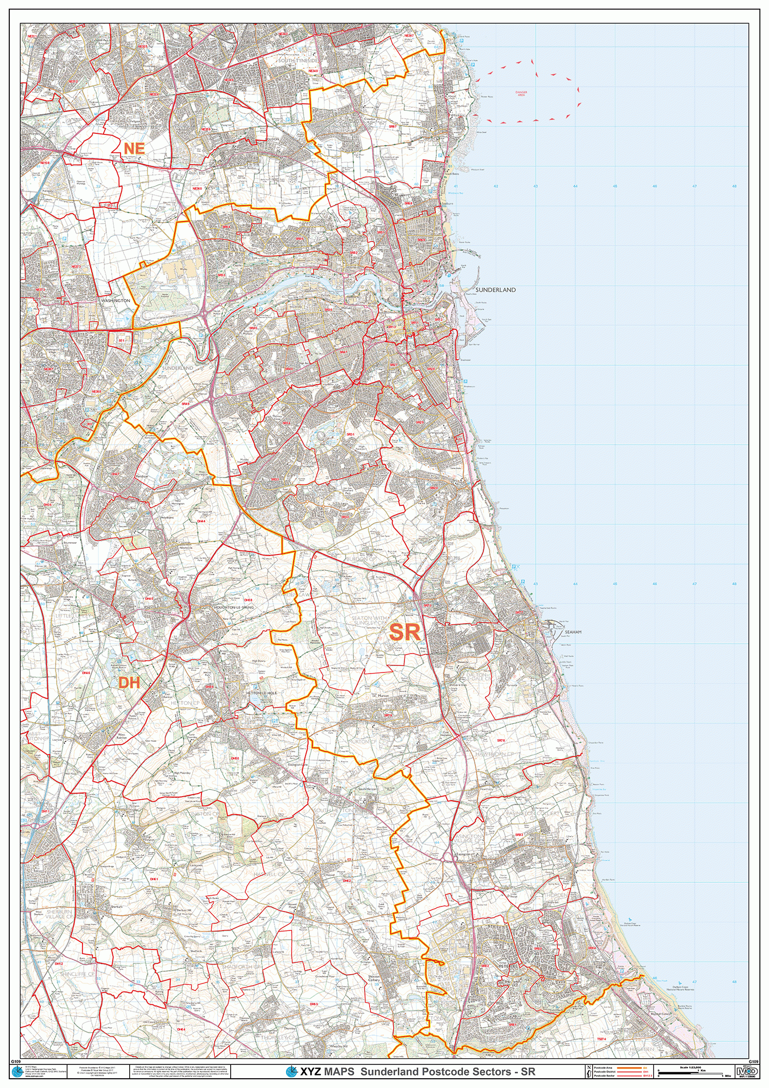 Sr Postcode Map Uk Sunderland - SR - Postcode Wall Map – XYZ Maps