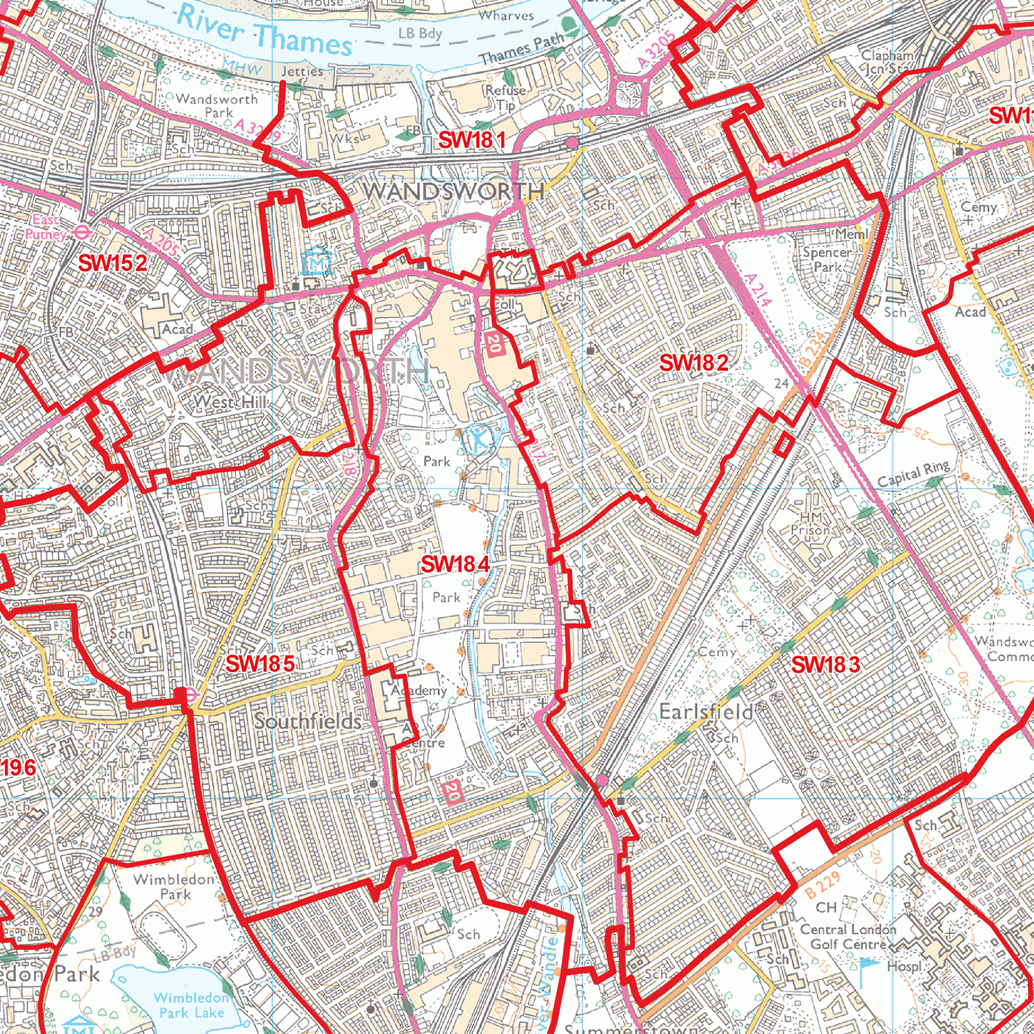 South West London - SW - Postcode Wall Map