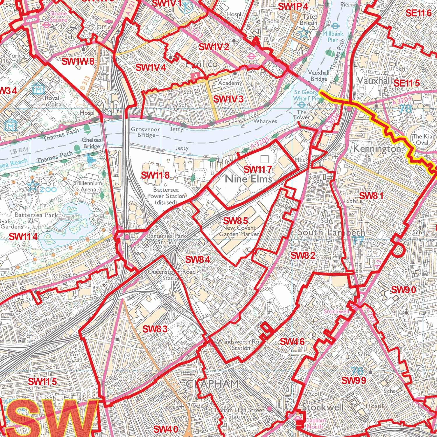 South West London - SW - Postcode Wall Map