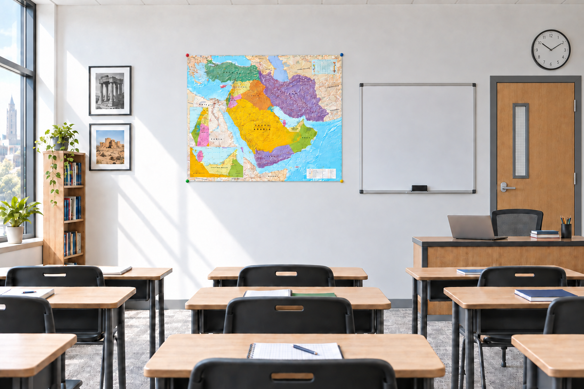 Unframed Middle East map pinned in classroom