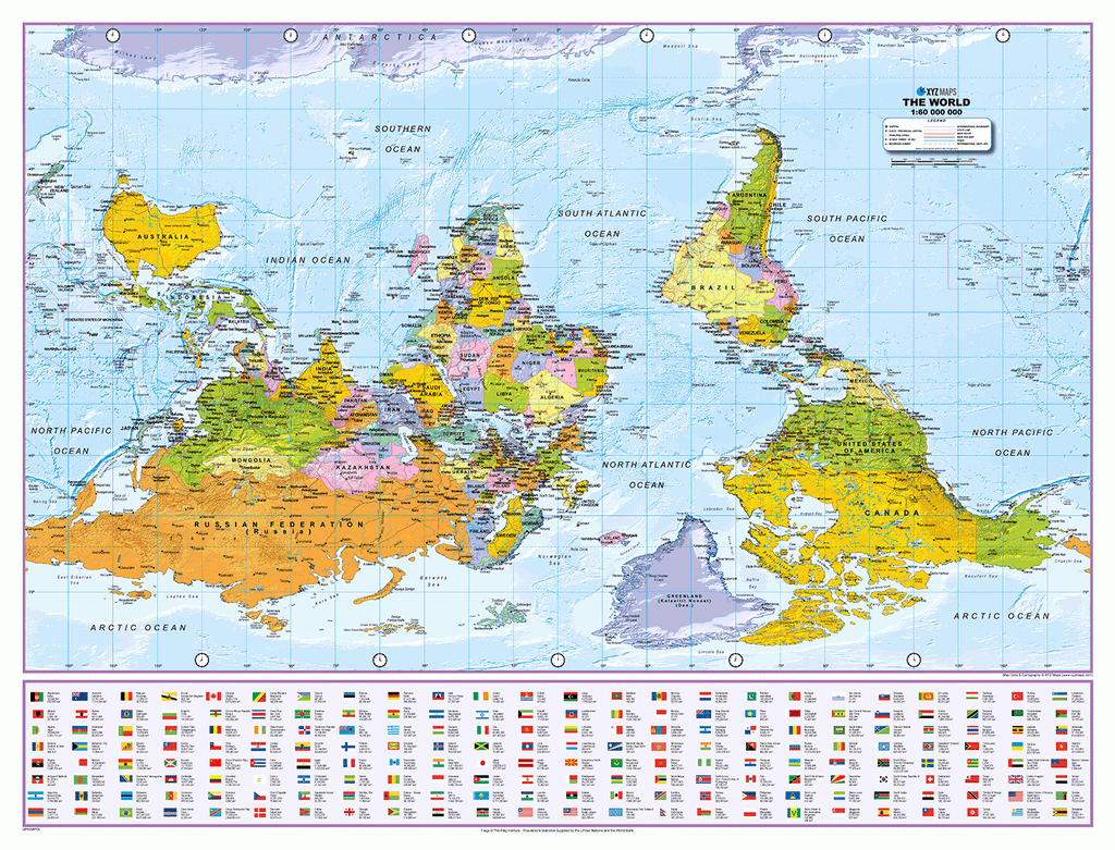 Upside Down World Political Wall Map - Small Size: 1:60m Scale