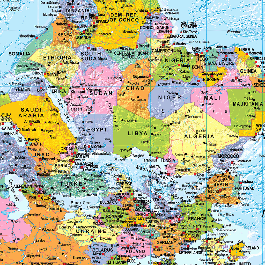 Upside Down World Political Wall Map - Small Size: 1:60m Scale