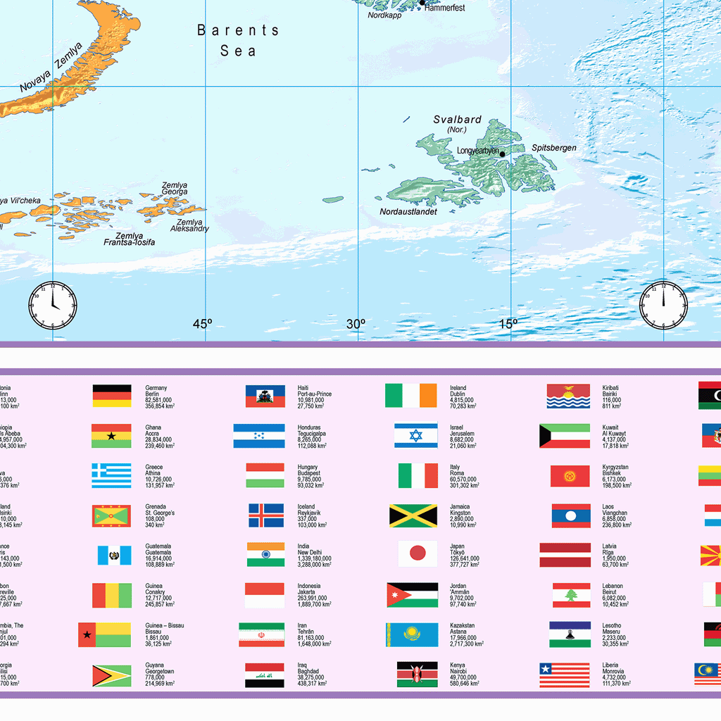 Upside Down World Political Wall Map - Small Size: 1:60m Scale