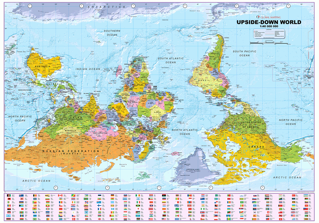 Upside Down World Political Wall Map - Medium Size: 1:40m Scale