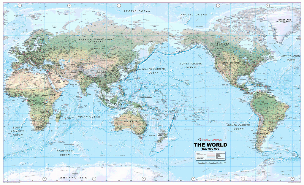World Physical Pacific Centred Wall Map - Huge Size: 1:20m Scale
