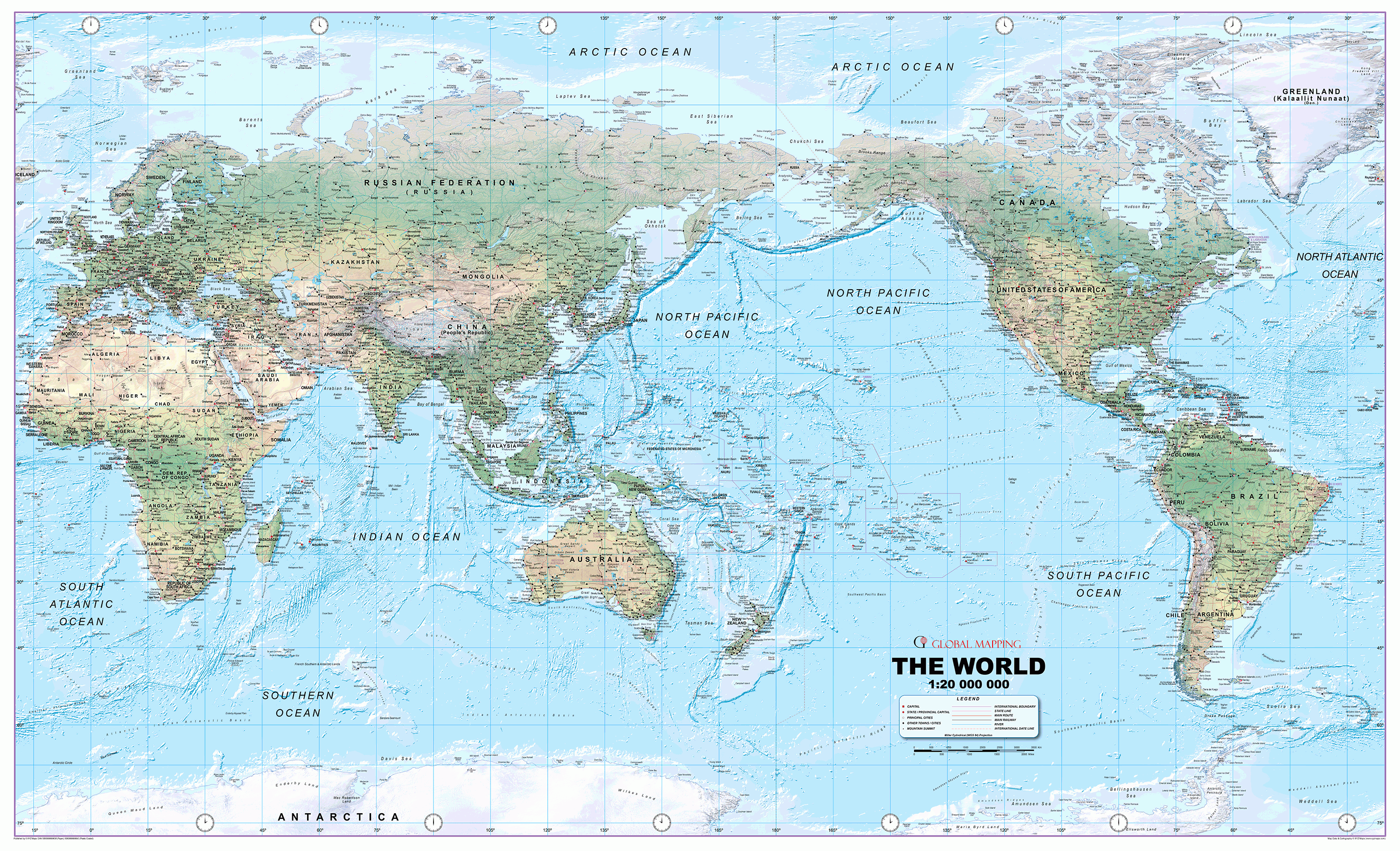 World Physical Pacific Centred Wall Map - Huge Size: 1:20m Scale