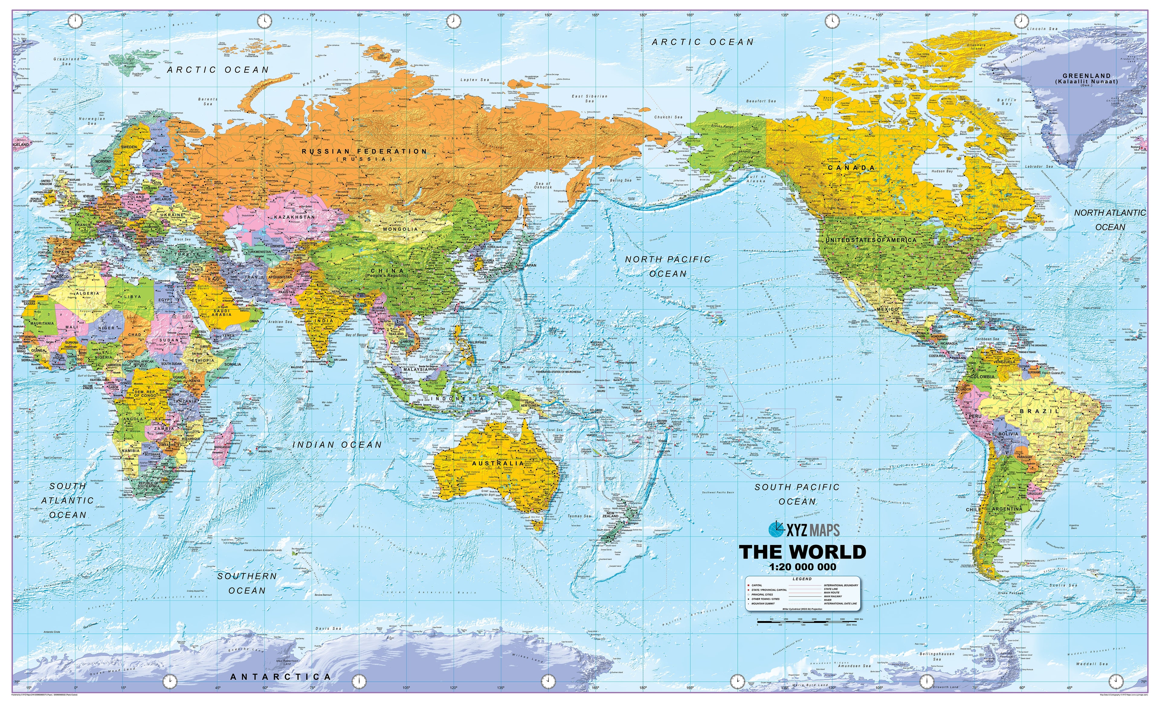 World Political Pacific Centred Wall Map - Huge Size: 1:20m Scale