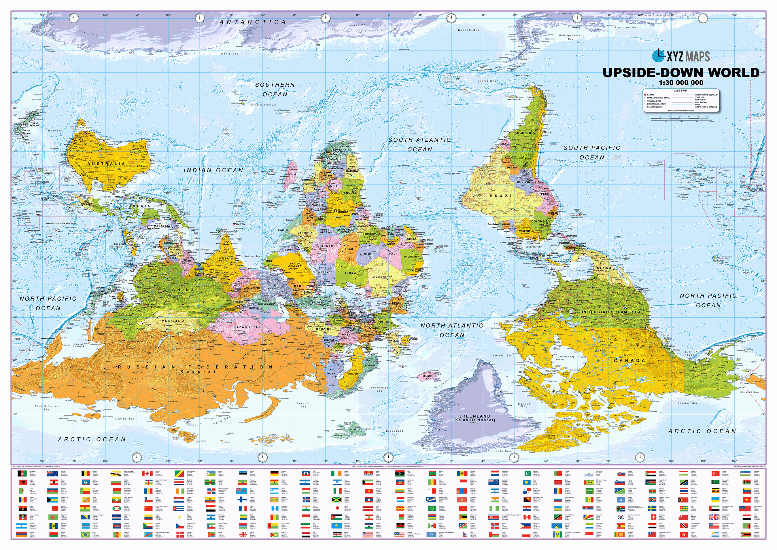 Upside Down World Map - Poster of the World South Up, Scale 1:30m