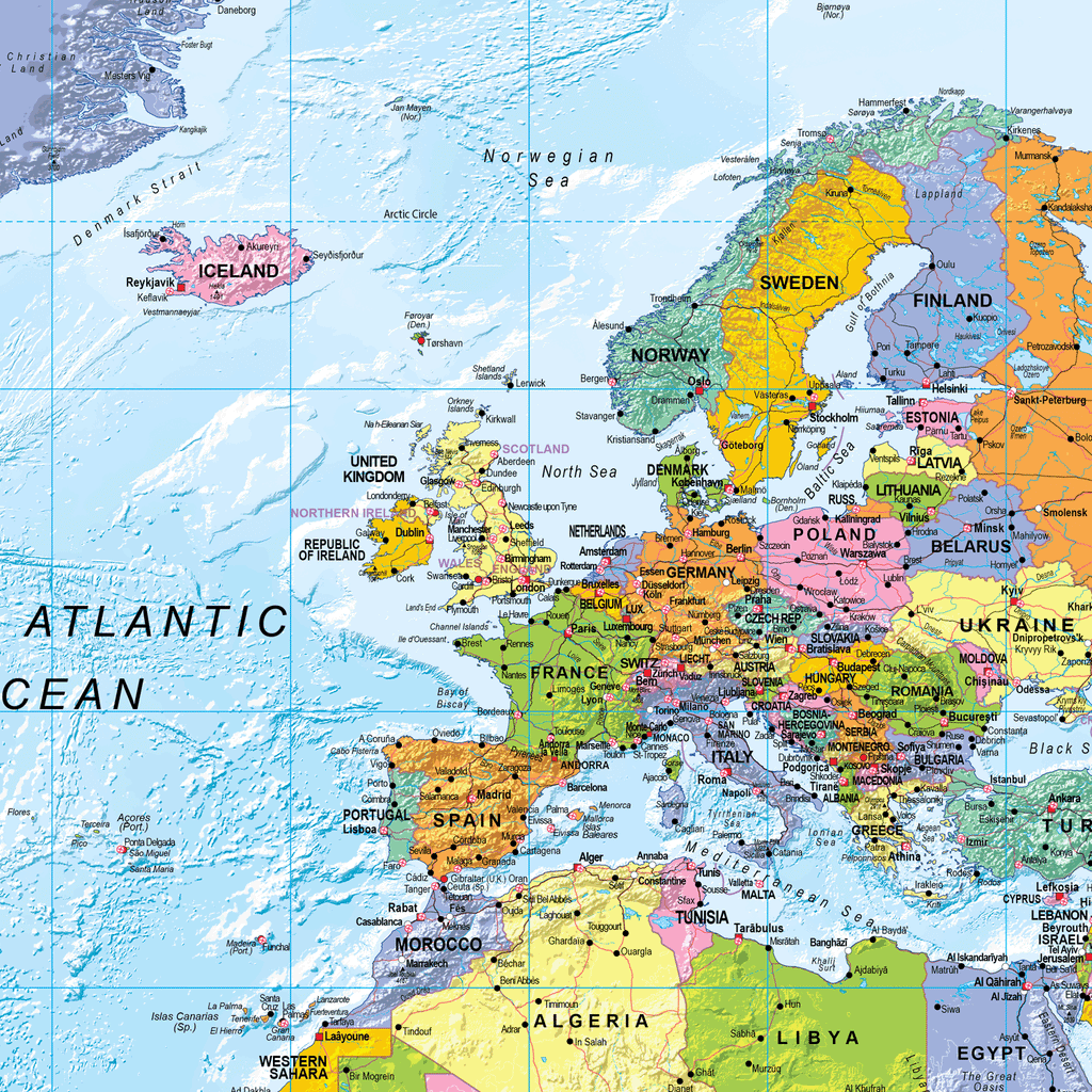World Political Wall Map Pacific Centred - Large Size: 1:30m Scale