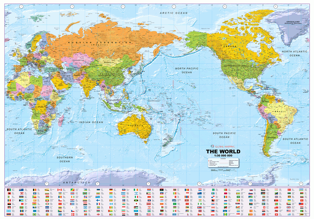 World Political Wall Map Pacific Centred - Large Size: 1:30m Scale