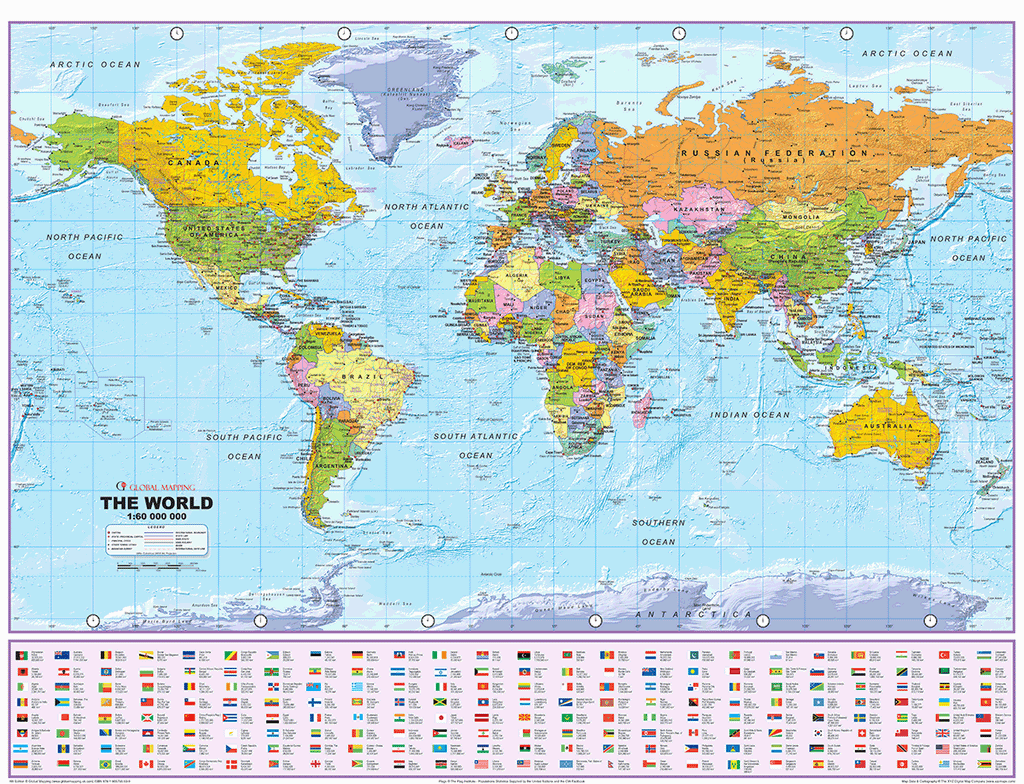 World Political Wall Map - Small Size: 1:60m Scale