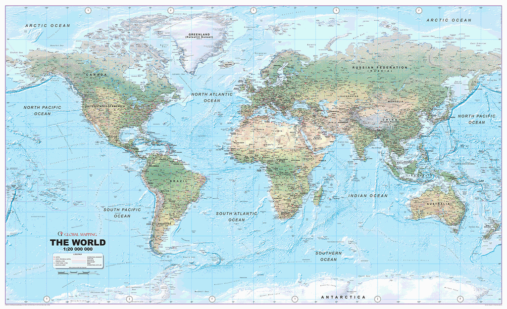 World Physical Map - Huge Size : 1:20m Scale - GIF Image